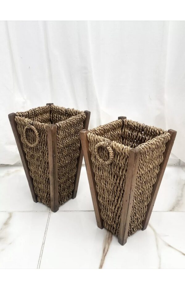 Pair Vase Basket & Wood Pot Vases Home Decor Unique - Image 3