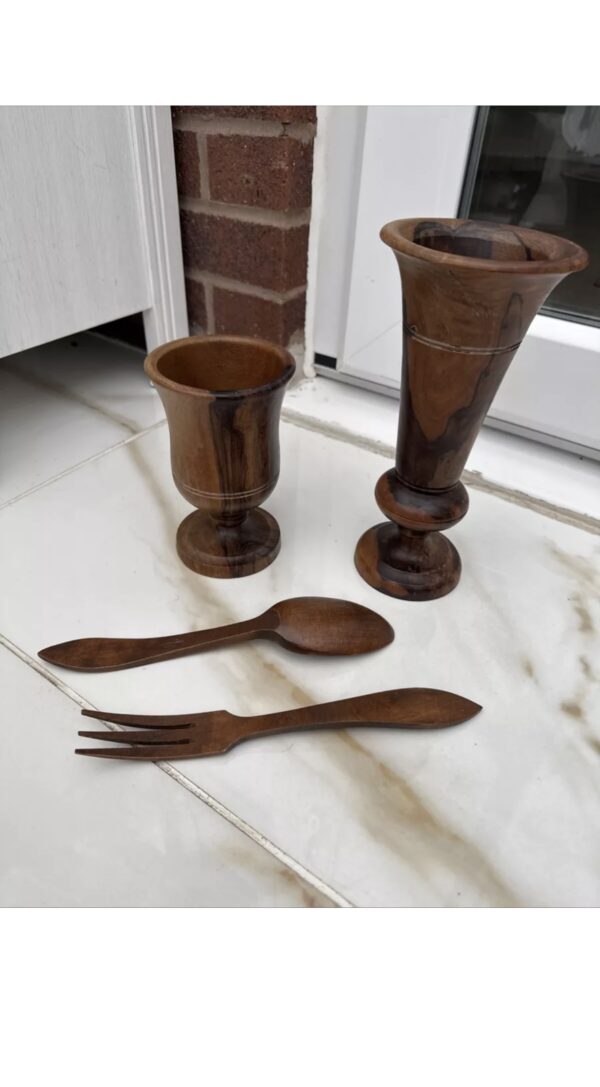 Vintage Unique Ornament Sculpture Wooden Vase/ Pot With Spoon&Fork Set Home Deco