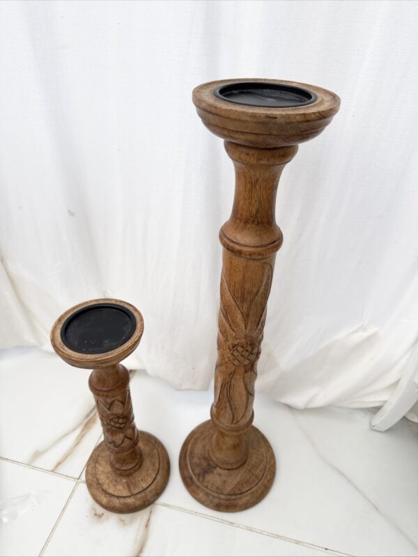 Pair Of Big & Small Table/Floor Standing Wooden Pillar Candle Holder Stand - Image 3