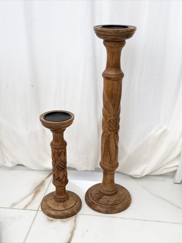 Pair Of Big & Small Table/Floor Standing Wooden Pillar Candle Holder Stand