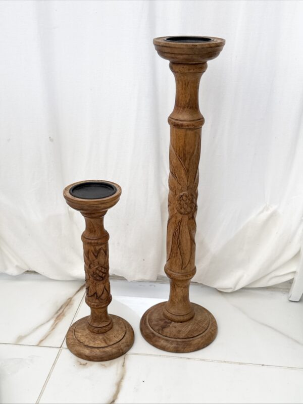 Pair Of Big & Small Table/Floor Standing Wooden Pillar Candle Holder Stand - Image 2