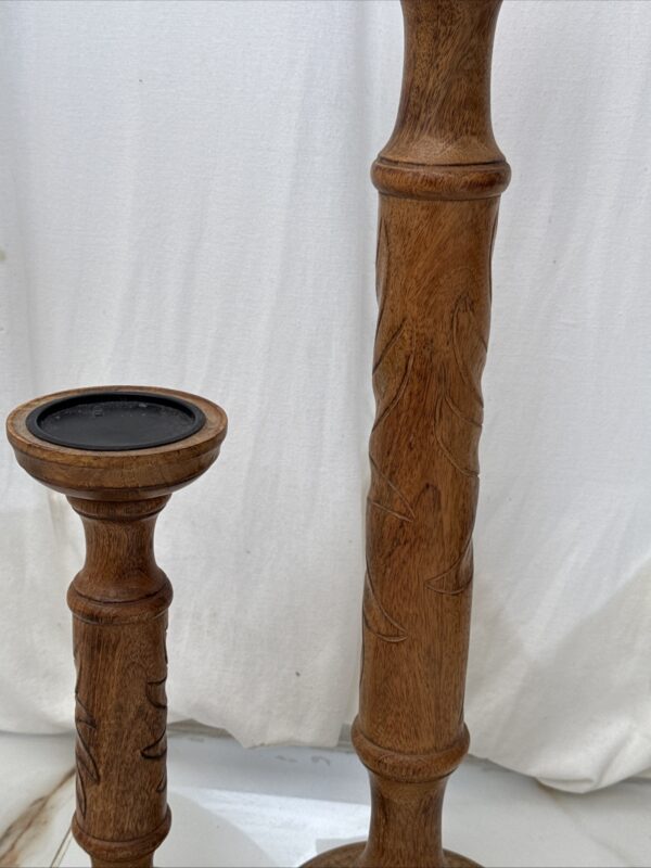 Pair Of Big & Small Table/Floor Standing Wooden Pillar Candle Holder Stand - Image 18